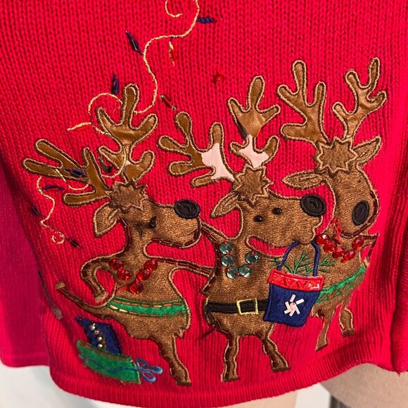 Tiara International Christmas Collection Red Reindeer Sweater Women Size L Zip - Picture 3 of 10